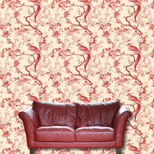 Vintage Chinoiserie Asian Bird Red Pink Floral  Wallpaper