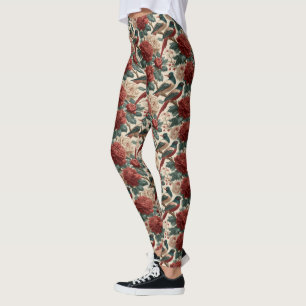 Vintage Chinoiserie Birds and Red Peony Flowers Leggings