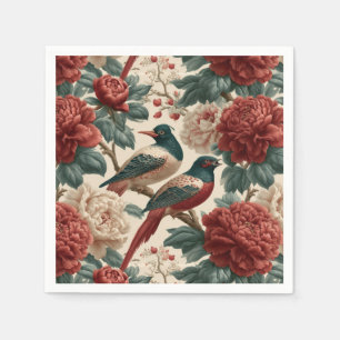 Vintage Chinoiserie Birds and Red Peony Flowers Napkin