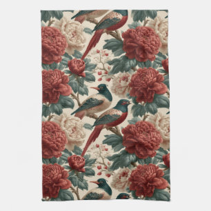Vintage Chinoiserie Birds and Red Peony Flowers Tea Towel