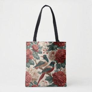 Vintage Chinoiserie Birds and Red Peony Flowers Tote Bag