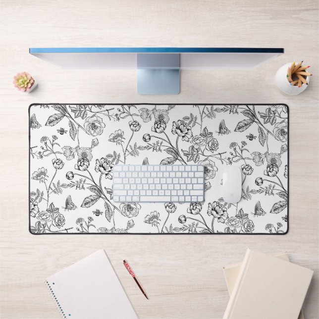 Vintage Chinoiserie Black Floral Pattern Desk Mat (Office 1)