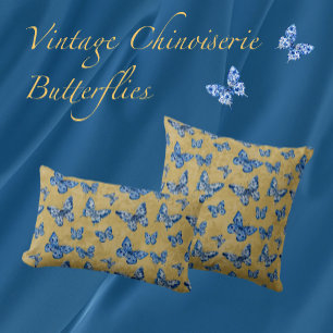 Vintage Chinoiserie Blue Butterflies Faded Damask  Cushion