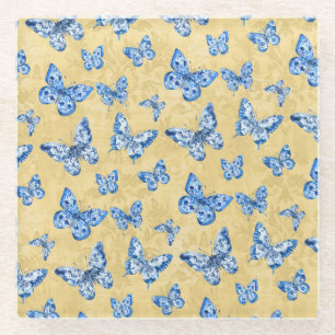 Vintage Chinoiserie Blue Butterflies Faded Damask  Glass Coaster