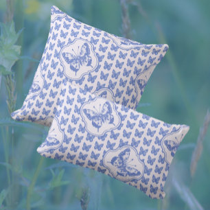 Vintage Chinoiserie Blue Butterflies on White Cushion