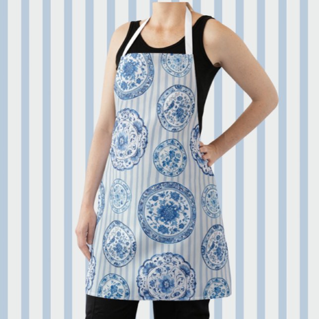 Vintage Chinoiserie Blue White Antique Plates  Apron (Vintage Chinoiserie style)