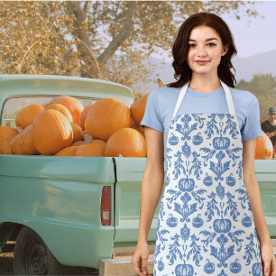 Vintage Chinoiserie Blue White Autumn Pumpkins Apron