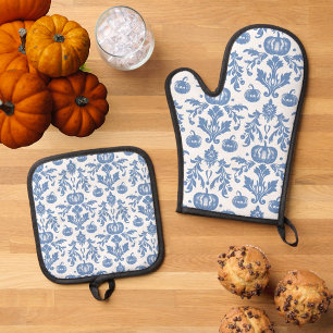 Vintage Chinoiserie Blue White Autumn Pumpkins Oven Mitt & Pot Holder Set