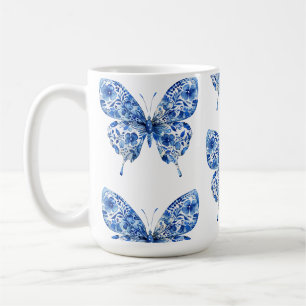 Vintage Chinoiserie Blue White Butterflies Flowers Coffee Mug