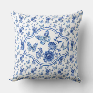 Vintage Chinoiserie Blue White Butterflies Flowers Cushion