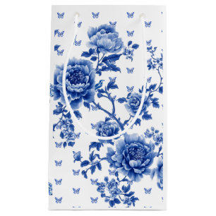 Vintage Chinoiserie Blue White Butterflies Roses Small Gift Bag