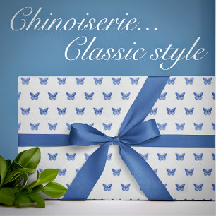 Vintage Chinoiserie Blue White Butterflies  Wrapping Paper