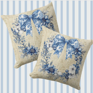 Vintage Chinoiserie Blue White Wreath Bow Holiday  Cushion