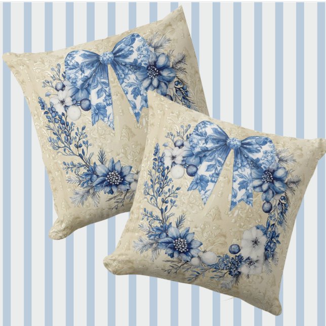 Vintage Chinoiserie Blue White Wreath Bow Holiday  Cushion (Elegant chinoiserie wreath and bow on an antique damask pattern.)