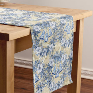 Vintage Chinoiserie Blue Wreath Bells Holiday Medium Table Runner