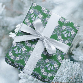 Vintage Chinoiserie Blue Wreath Bells Holiday  Wrapping Paper