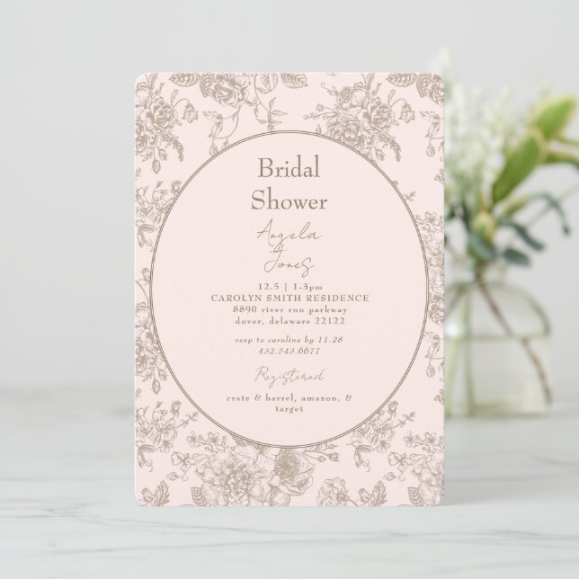 Vintage Chinoiserie Blush Floral Bridal Shower Invitation (Standing Front)
