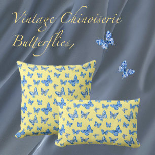 Vintage Chinoiserie Butterflies Yellow Background Lumbar Cushion