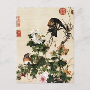 Vintage Chinoiserie Chrysanthemum & Birds Art Postcard
