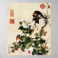 Vintage Chinoiserie Chrysanthemum & Birds Art