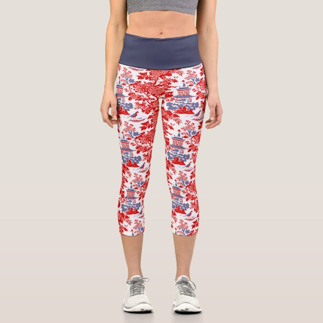 Vintage Chinoiserie Delft French red Blue Capri Leggings (Front)
