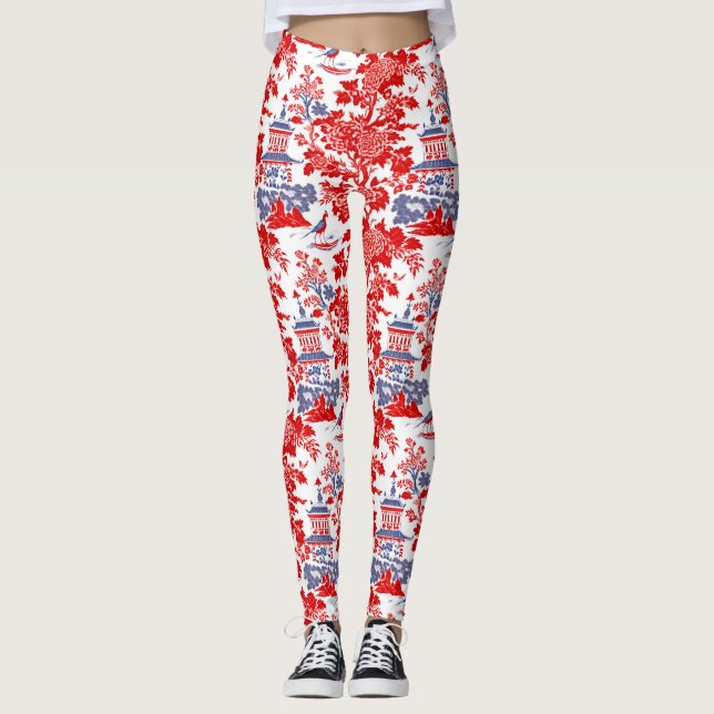 Vintage Chinoiserie Delft French red Blue Leggings (Front)
