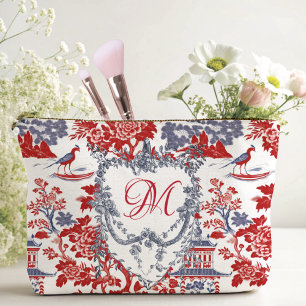 Vintage Chinoiserie Delft French red Blue monogram Accessory Pouch