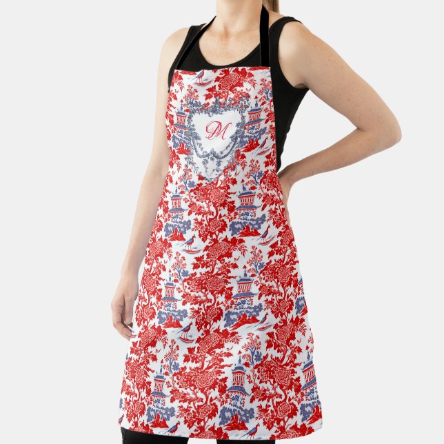 Vintage Chinoiserie Delft French red Blue monogram Apron (Insitu)