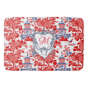 Vintage Chinoiserie Delft French red Blue monogram Bath Mat
