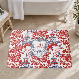 Vintage Chinoiserie Delft French red Blue monogram Bath Mat