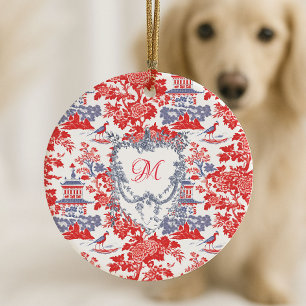 Vintage Chinoiserie Delft French red Blue monogram Ceramic Ornament