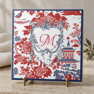 Vintage Chinoiserie Delft French red Blue monogram Ceramic Tile