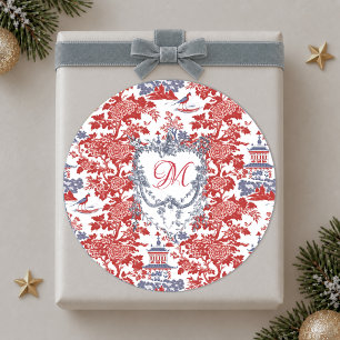 Vintage Chinoiserie Delft French red Blue monogram Classic Round Sticker