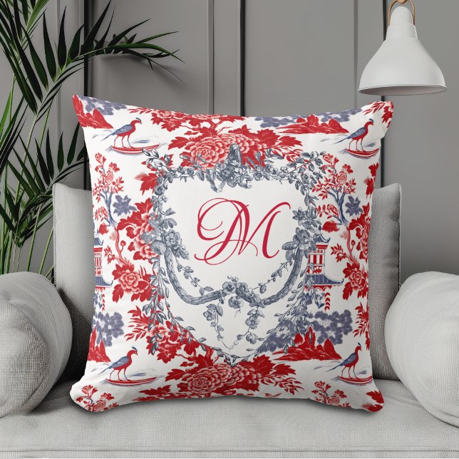 Vintage Chinoiserie Delft French red Blue monogram Cushion (Creator Uploaded)