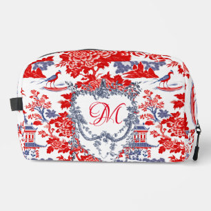 Vintage Chinoiserie Delft French red Blue monogram Dopp Kit
