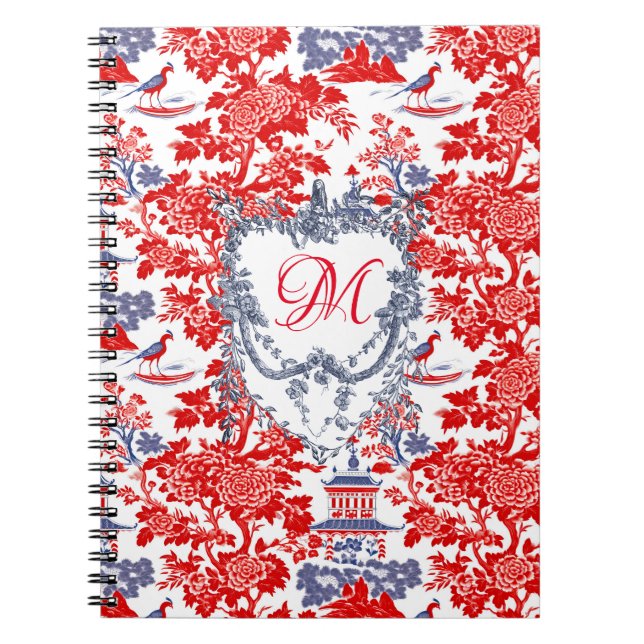 Vintage Chinoiserie Delft French red Blue monogram Notebook (Front)