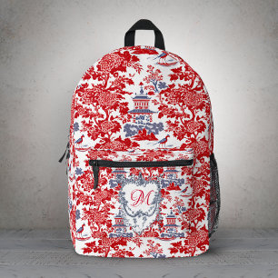 Vintage Chinoiserie Delft French red Blue monogram Printed Backpack
