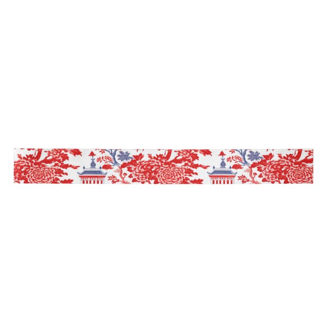 Vintage Chinoiserie Delft French red Blue Satin Ribbon (Front)