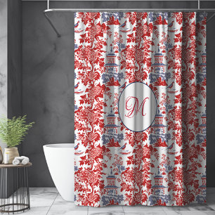 Vintage Chinoiserie Delft Red Blue Monogram Gift Shower Curtain
