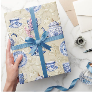 Vintage Chinoiserie Dishes Antique Damask Wrapping Paper