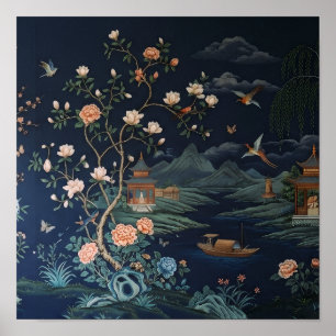 Vintage Chinoiserie Floral & Landscape Art Poster