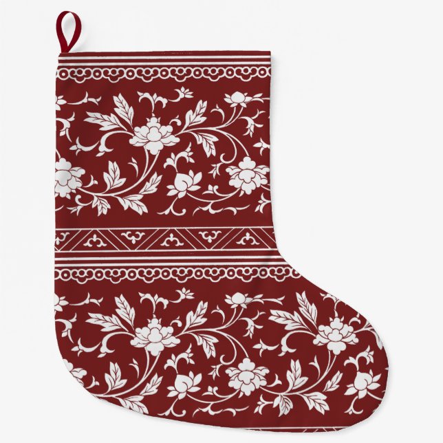 Vintage Chinoiserie Floral Red Christmas Stocking (Front)