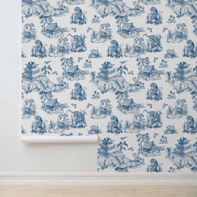 Vintage Chinoiserie Leopard Pagoda Navy & White Wallpaper (Application)