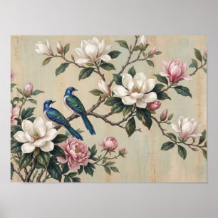 Vintage Chinoiserie Magnolia & Birds Poster