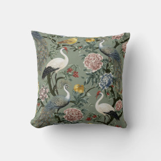 Vintage Chinoiserie Peacock and Crane Floral Cushion