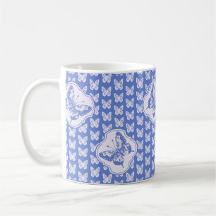 Vintage Chinoiserie White Butterflies on Blue  Coffee Mug