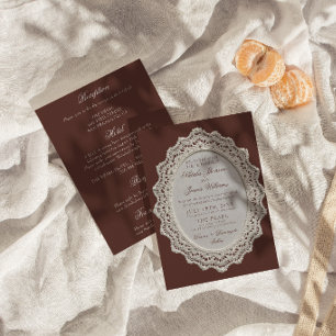 Vintage Chocolate Brown Lace All In One Wedding Invitation