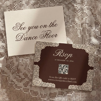 Vintage Chocolate Brown Lace Rose Border Wedding RSVP Card