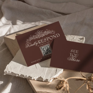 Vintage Chocolate Brown Old Money QR Code Wedding RSVP Card