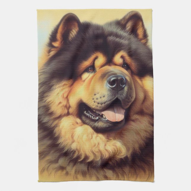 Vintage Chow-Chow Painting Tea Towel (Vertical)